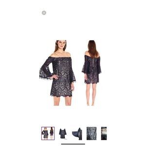 TRINA TURK Navy Akamai Lanai Floral Lace Off the Shoulder Bell Sleeve Dress